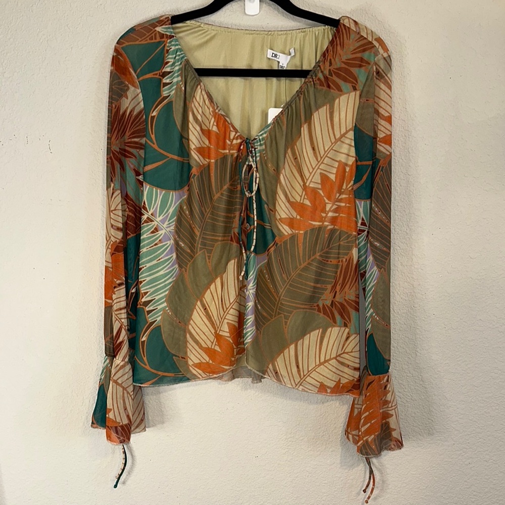 DR2 Tie Front Relaxed Blouse in Green and Tan